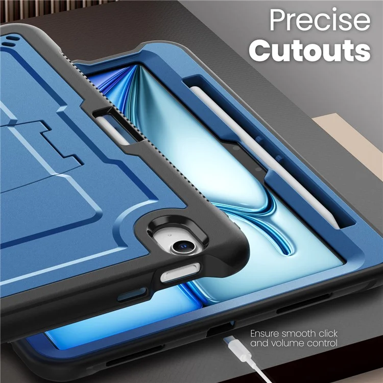 For iPad Air 11 (2025)  /  (2024) Case Hidden Zinc Alloy Kickstand PC + TPE Tablet Cover with Shoulder Strap - Navy Blue
