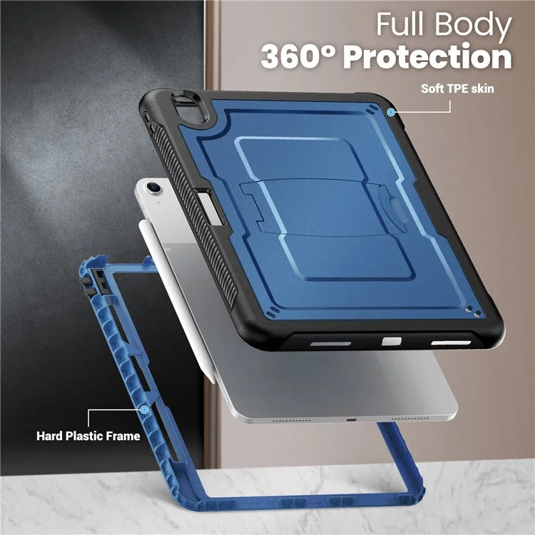 For iPad Air 11 (2025)  /  (2024) Case Hidden Zinc Alloy Kickstand PC + TPE Tablet Cover with Shoulder Strap - Navy Blue