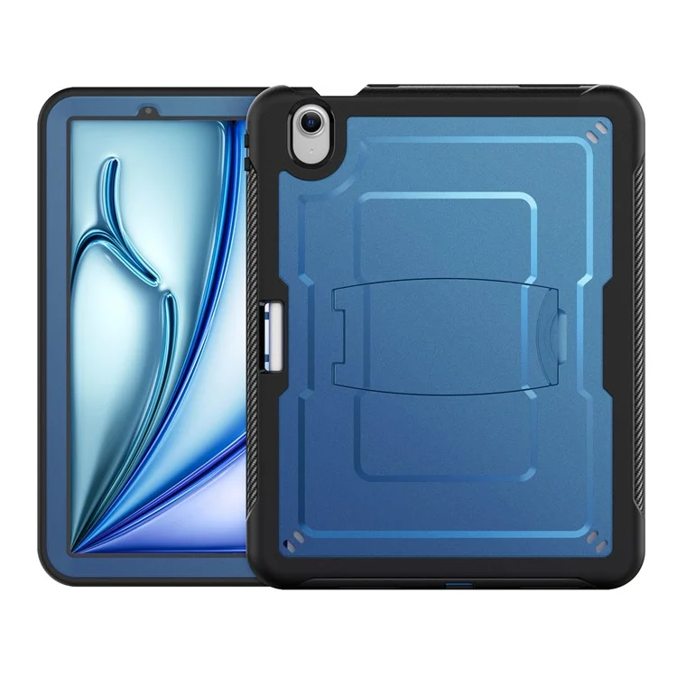 For iPad Air 11 (2025)  /  (2024) Case Hidden Zinc Alloy Kickstand PC + TPE Tablet Cover with Shoulder Strap - Navy Blue