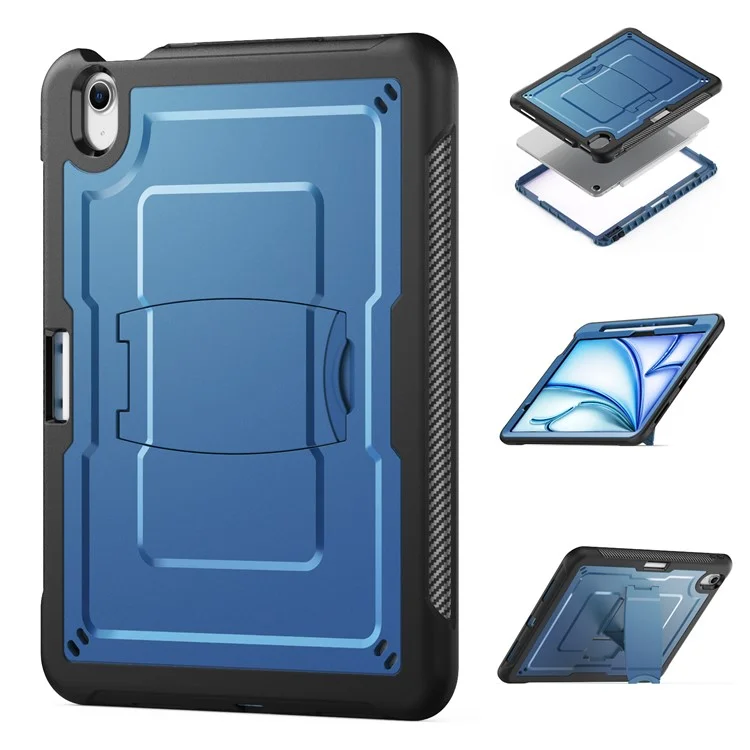 For iPad Air 11 (2025)  /  (2024) Case Hidden Zinc Alloy Kickstand PC + TPE Tablet Cover with Shoulder Strap - Navy Blue