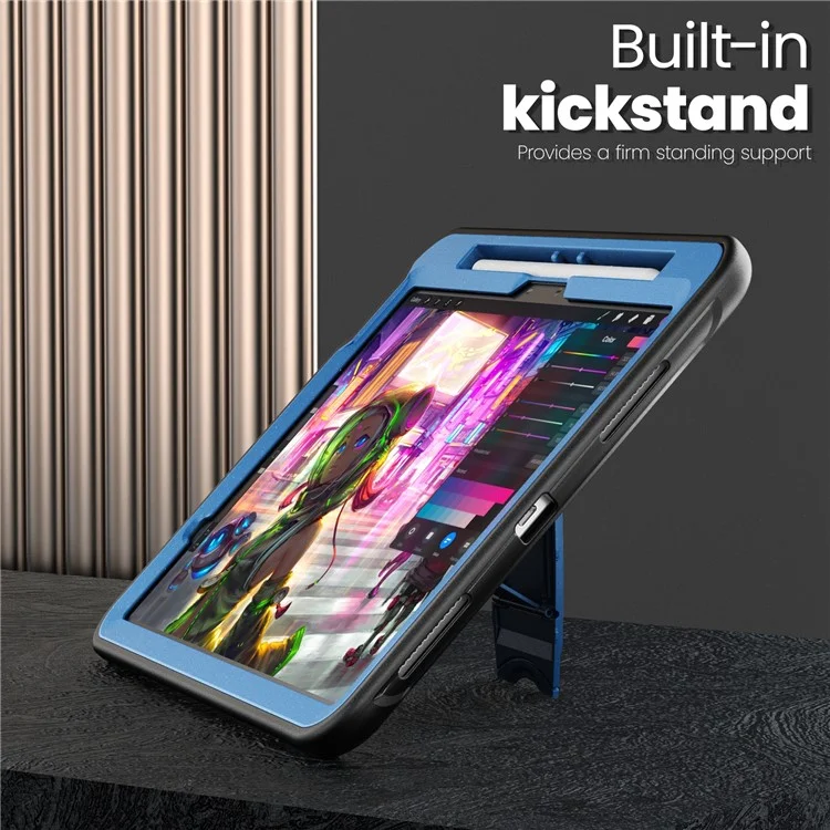 For iPad Air 11 (2025)  /  (2024) Case Hidden Zinc Alloy Kickstand PC + TPE Tablet Cover with Shoulder Strap - Navy Blue