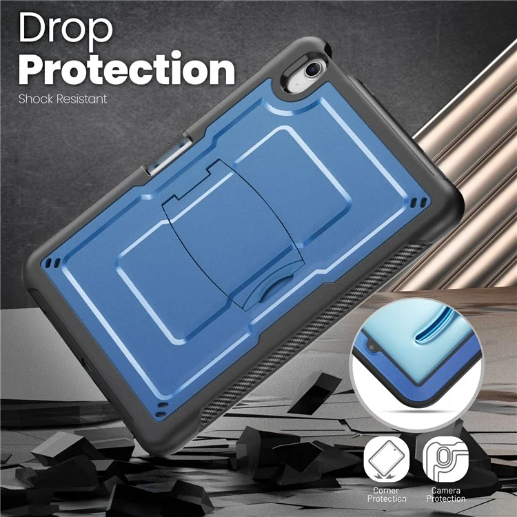For iPad Air 11 (2025)  /  (2024) Case Hidden Zinc Alloy Kickstand PC + TPE Tablet Cover with Shoulder Strap - Navy Blue