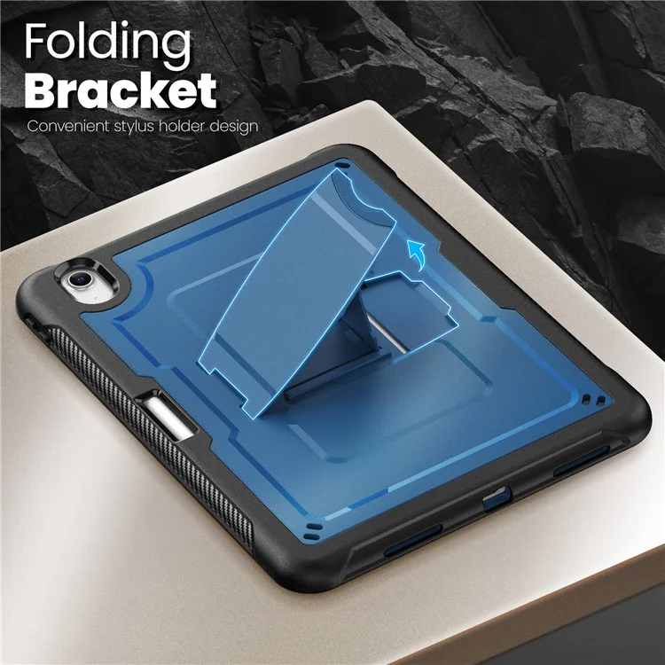 For iPad Air 11 (2025)  /  (2024) Case Hidden Zinc Alloy Kickstand PC + TPE Tablet Cover with Shoulder Strap - Navy Blue
