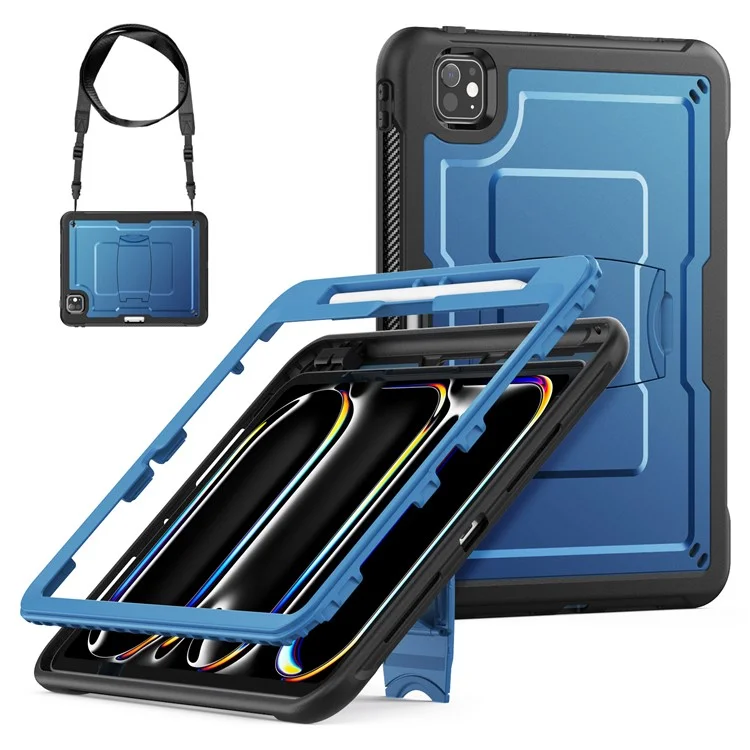 For iPad Pro 11 (2024) M4 A2836 Case Hidden Zinc Alloy Kickstand PC + TPE Tablet Cover with Shoulder Strap - Navy Blue