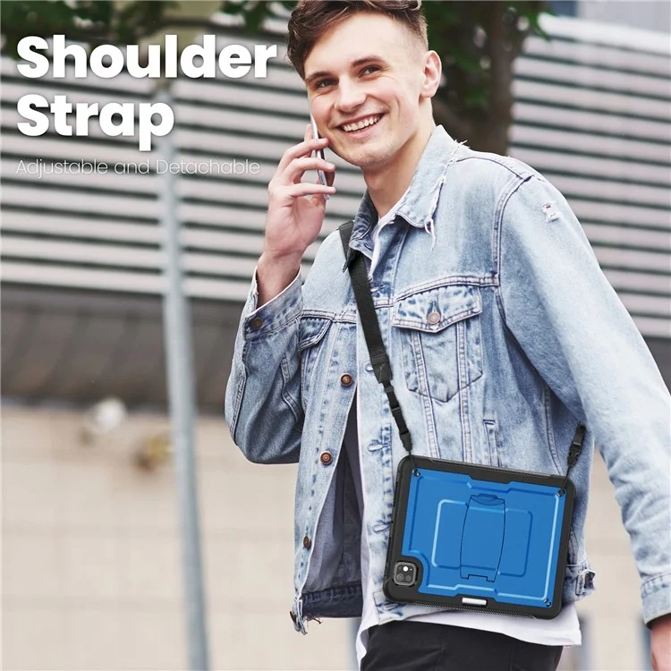 For iPad Pro 11 (2024) M4 A2836 Case Hidden Zinc Alloy Kickstand PC + TPE Tablet Cover with Shoulder Strap - Navy Blue