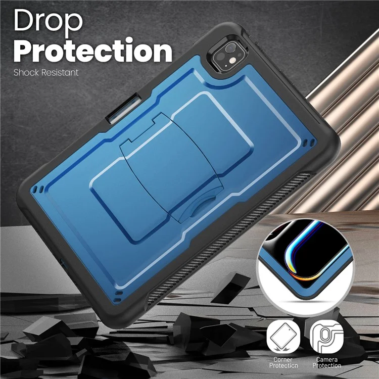For iPad Pro 11 (2024) M4 A2836 Case Hidden Zinc Alloy Kickstand PC + TPE Tablet Cover with Shoulder Strap - Navy Blue