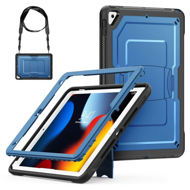 Kickstand PC + TPE Tablet Case with Shoulder Strap For iPad 10.2 (2021)  /  (2020)  /  (2019)  /  Air 10.5 inch (2019)  /  Pro 10.5-inch (2017) - Navy Blue