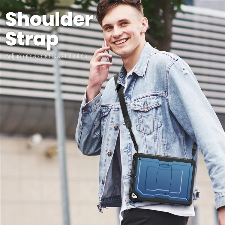 Kickstand PC + TPE Tablet Case with Shoulder Strap For iPad 10.2 (2021)  /  (2020)  /  (2019)  /  Air 10.5 inch (2019)  /  Pro 10.5-inch (2017) - Navy Blue