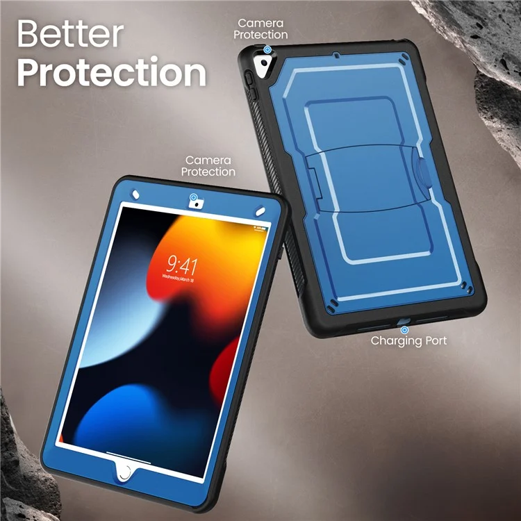 Kickstand PC + TPE Tablet Case with Shoulder Strap For iPad 10.2 (2021)  /  (2020)  /  (2019)  /  Air 10.5 inch (2019)  /  Pro 10.5-inch (2017) - Navy Blue