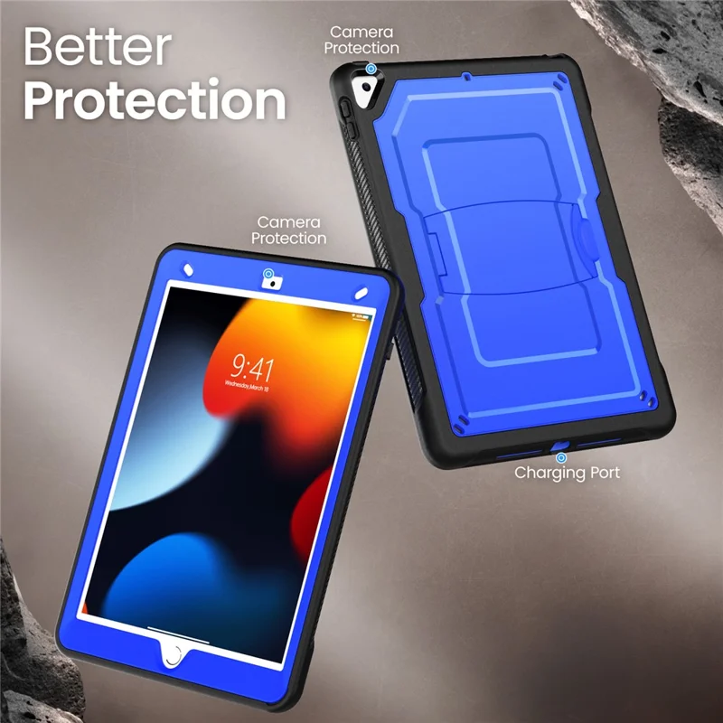 Kickstand PC + TPE Tablet Case with Shoulder Strap For iPad 10.2 (2021)  /  (2020)  /  (2019)  /  Air 10.5 inch (2019)  /  Pro 10.5-inch (2017) - Dark Blue