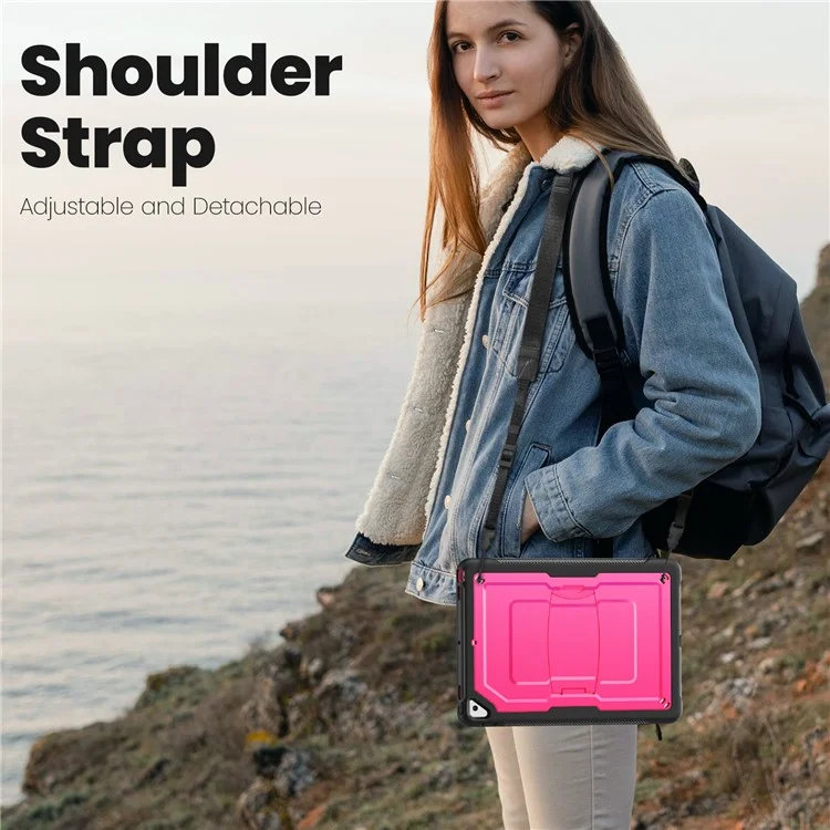 Support de tablette PC + Étui TPE avec bandoulière pour iPad 10,2 (2021) / (2020) / (2019) / Air 10,5 pouces (2019) / Pro 10,5 pouces (2017) - Rose