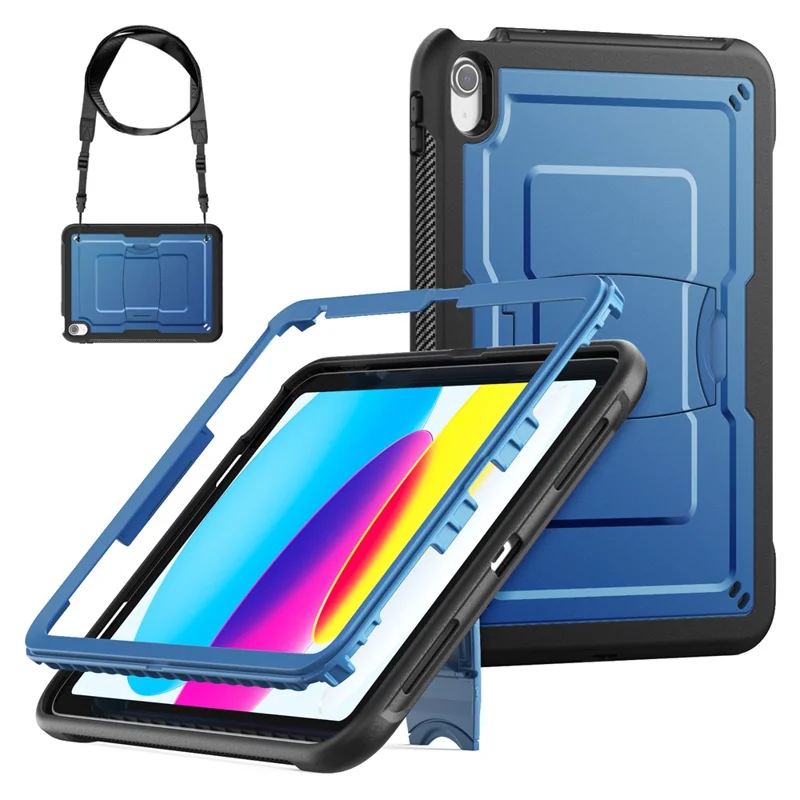 For iPad (2025)  /  10.9 (2022) Case Hidden Zinc Alloy Kickstand PC + TPE Tablet Cover with Shoulder Strap - Navy Blue