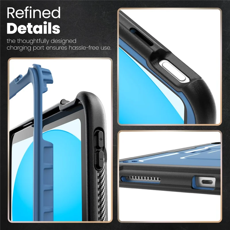 For iPad (2025)  /  10.9 (2022) Case Hidden Zinc Alloy Kickstand PC + TPE Tablet Cover with Shoulder Strap - Navy Blue