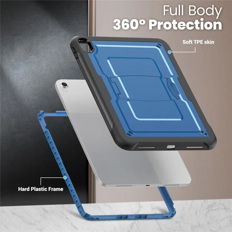 For iPad (2025)  /  10.9 (2022) Case Hidden Zinc Alloy Kickstand PC + TPE Tablet Cover with Shoulder Strap - Navy Blue