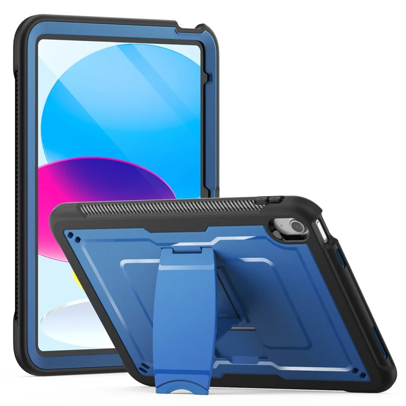For iPad (2025)  /  10.9 (2022) Case Hidden Zinc Alloy Kickstand PC + TPE Tablet Cover with Shoulder Strap - Navy Blue