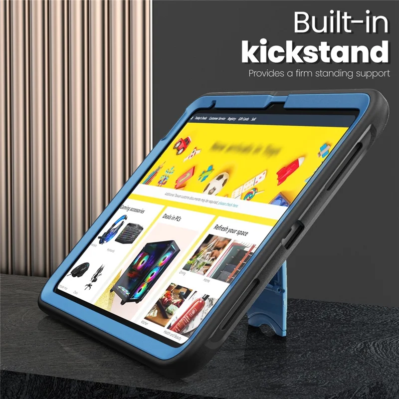 For iPad (2025)  /  10.9 (2022) Case Hidden Zinc Alloy Kickstand PC + TPE Tablet Cover with Shoulder Strap - Navy Blue