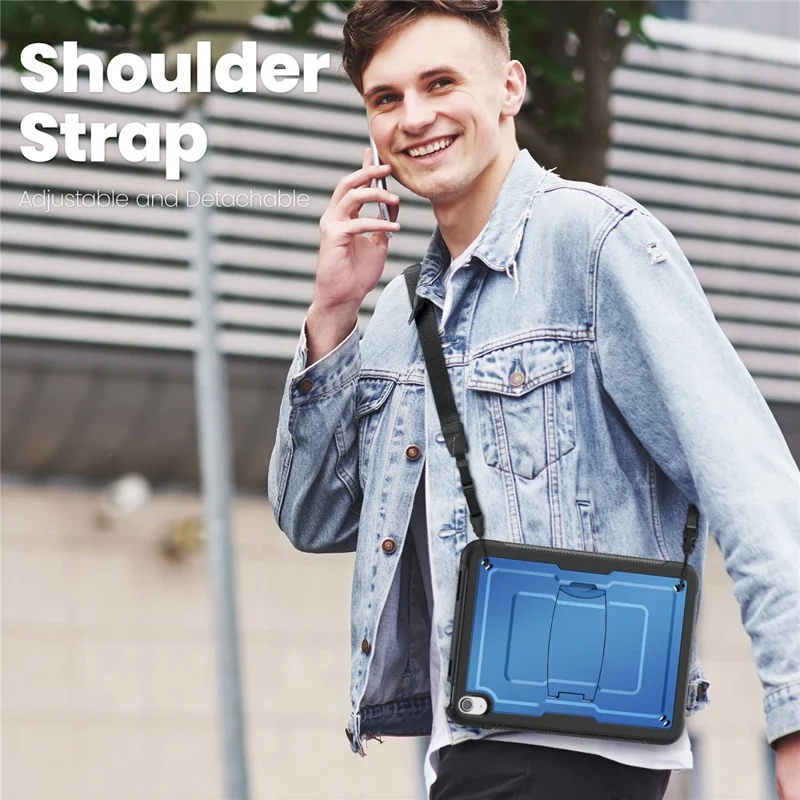 For iPad (2025)  /  10.9 (2022) Case Hidden Zinc Alloy Kickstand PC + TPE Tablet Cover with Shoulder Strap - Navy Blue
