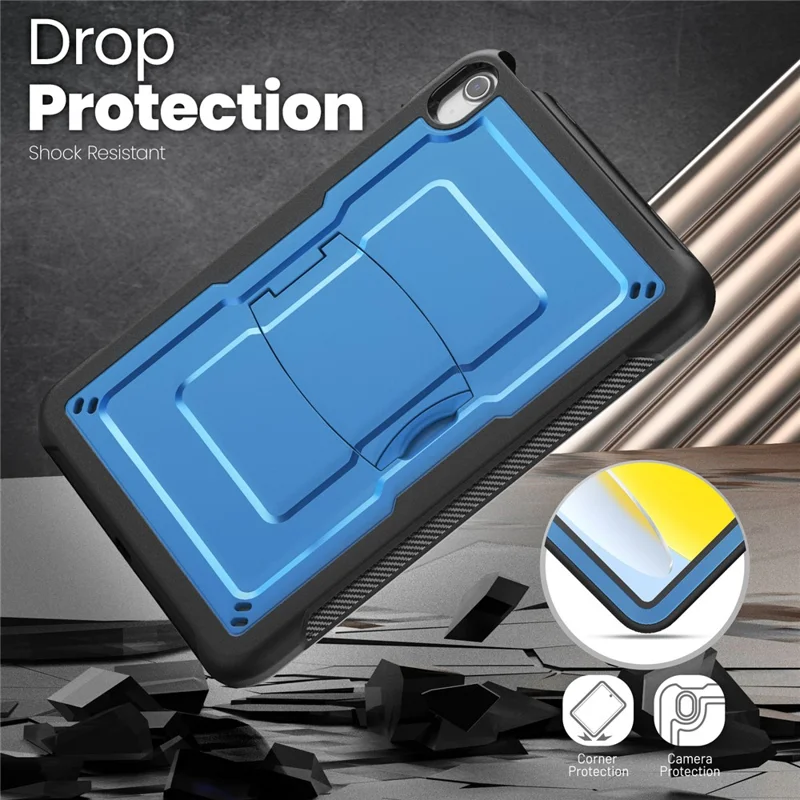 For iPad (2025)  /  10.9 (2022) Case Hidden Zinc Alloy Kickstand PC + TPE Tablet Cover with Shoulder Strap - Navy Blue