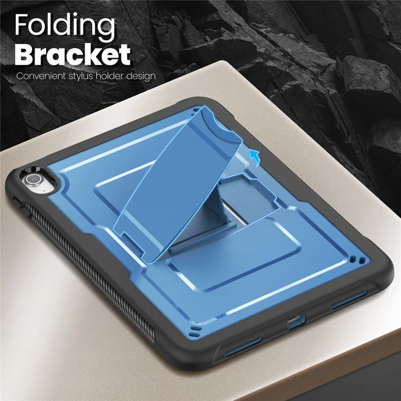 For iPad (2025)  /  10.9 (2022) Case Hidden Zinc Alloy Kickstand PC + TPE Tablet Cover with Shoulder Strap - Navy Blue