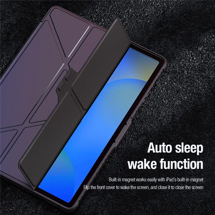 Étui en cuir avec protection NILLKIN Pro pour Samsung Galaxy Tab S10 FE+ avec couvercle coulissant pour caméra, support origami et couverture de tablette avec activation/désactivation automatique