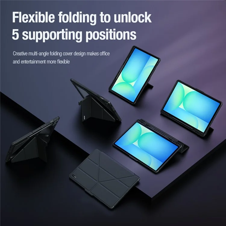 Étui en cuir avec protection NILLKIN Pro pour Samsung Galaxy Tab S10 FE+ avec couvercle coulissant pour caméra, support origami et couverture de tablette avec activation/désactivation automatique
