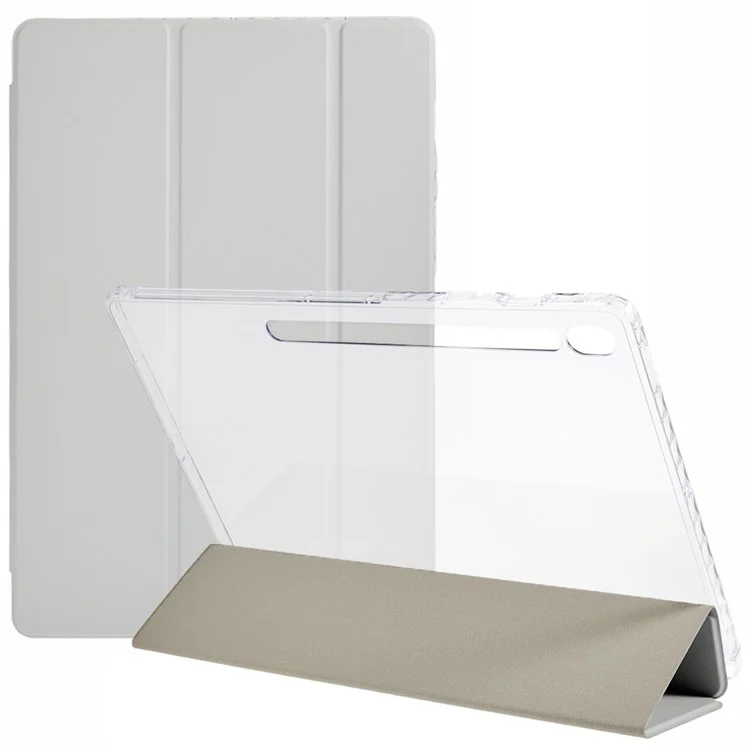 Für Samsung Galaxy Tab S10 FE+ Hülle Dreifach-Ständer Leder + TPU + Acryl Transparente Rückseite Tablet-Schutzhülle - Grau