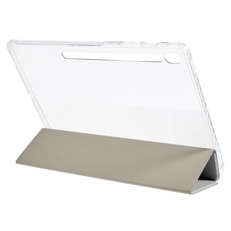 Für Samsung Galaxy Tab S10 FE+ Hülle Dreifach-Ständer Leder + TPU + Acryl Transparente Rückseite Tablet-Schutzhülle - Grau
