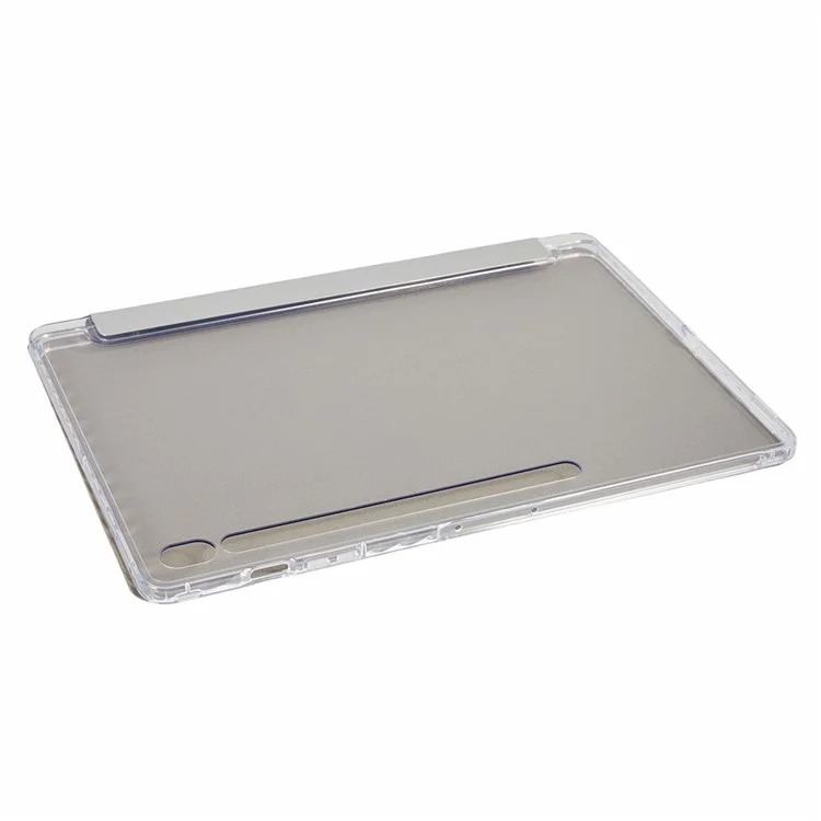 Für Samsung Galaxy Tab S10 FE+ Hülle Dreifach-Ständer Leder + TPU + Acryl Transparente Rückseite Tablet-Schutzhülle - Grau