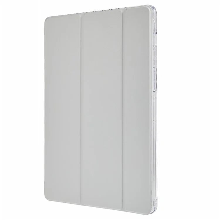 Für Samsung Galaxy Tab S10 FE+ Hülle Dreifach-Ständer Leder + TPU + Acryl Transparente Rückseite Tablet-Schutzhülle - Grau