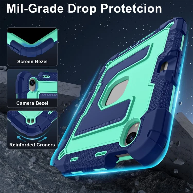 For iPad mini (2024) / (2021) Case with Kickstand Strap Pen Slot Anti Drop PC + Silicone Tablet Cover - Black / Mint Green