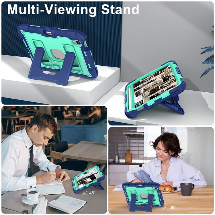 For iPad mini (2024) / (2021) Case with Kickstand Strap Pen Slot Anti Drop PC + Silicone Tablet Cover - Black / Mint Green