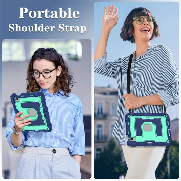 For iPad mini (2024) / (2021) Case with Kickstand Strap Pen Slot Anti Drop PC + Silicone Tablet Cover - Black / Mint Green