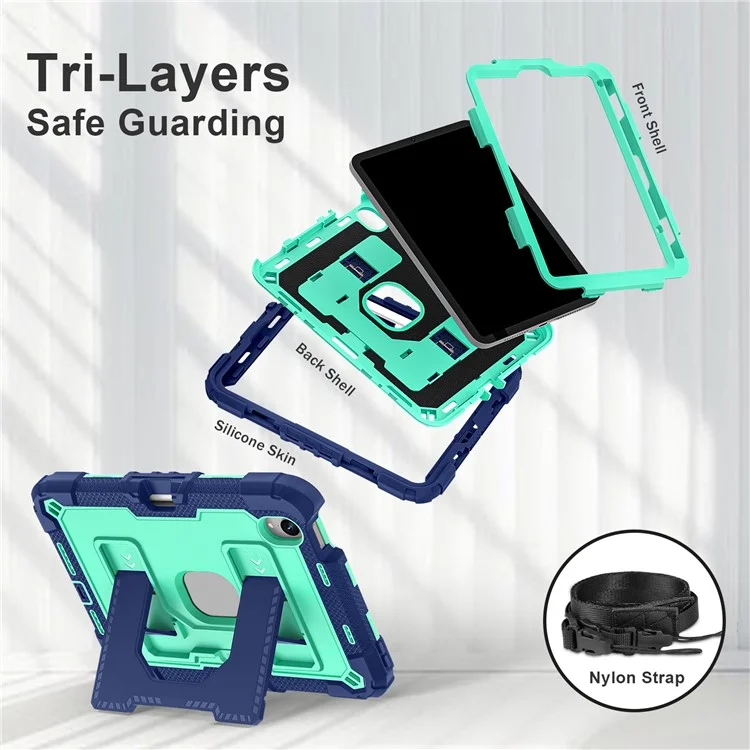 For iPad mini (2024) / (2021) Case with Kickstand Strap Pen Slot Anti Drop PC + Silicone Tablet Cover - Black / Mint Green
