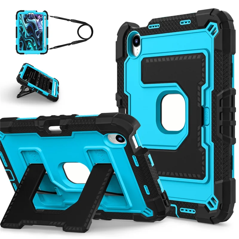For iPad mini (2024) / (2021) Case with Kickstand Strap Pen Slot Anti Drop PC + Silicone Tablet Cover - Black / Blue