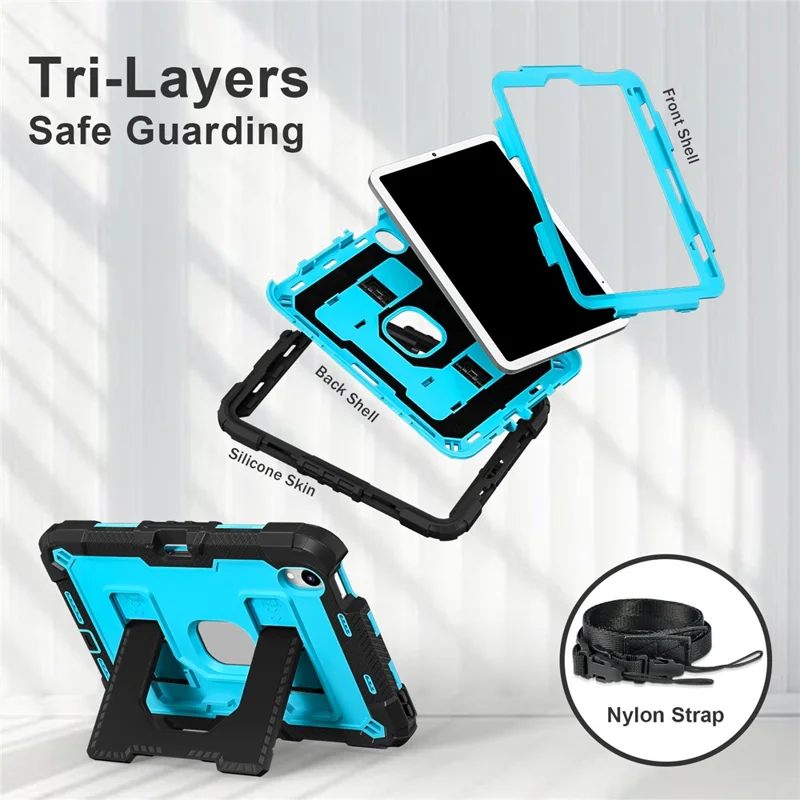 For iPad mini (2024) / (2021) Case with Kickstand Strap Pen Slot Anti Drop PC + Silicone Tablet Cover - Black / Blue