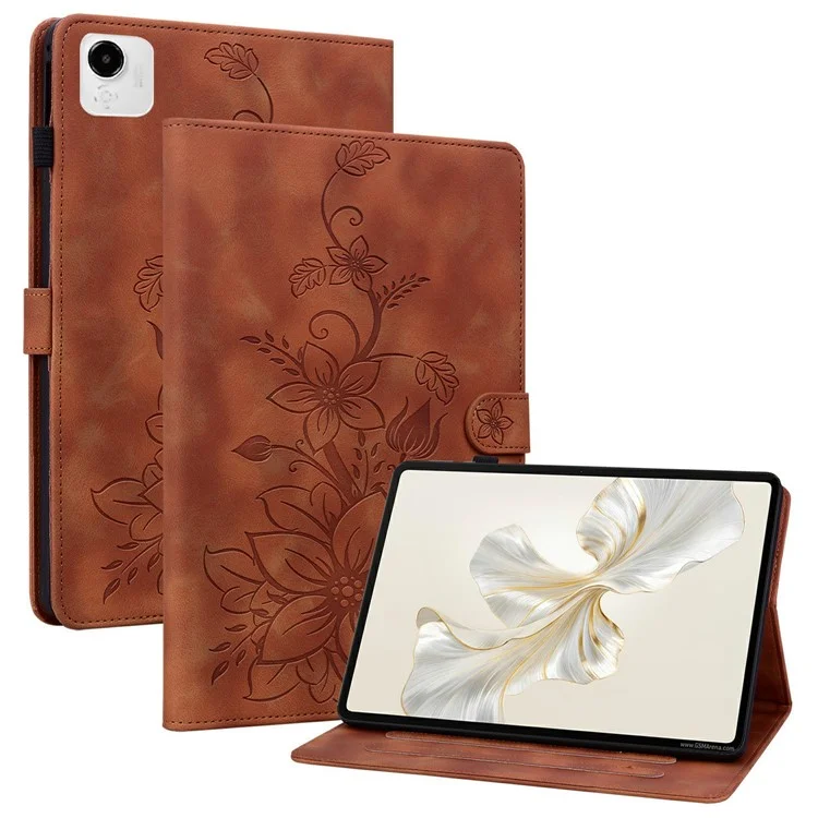 For Honor Pad X9a Hülle mit Lilien-Motiv, Kartenfächer, Leder-Tablet-Schutzhülle - Braun