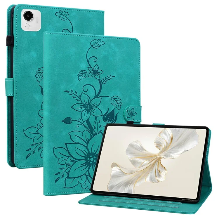 For Honor Pad X9a Case Lily Flower Imprint Card Slots Leather Tablet Cover - Green