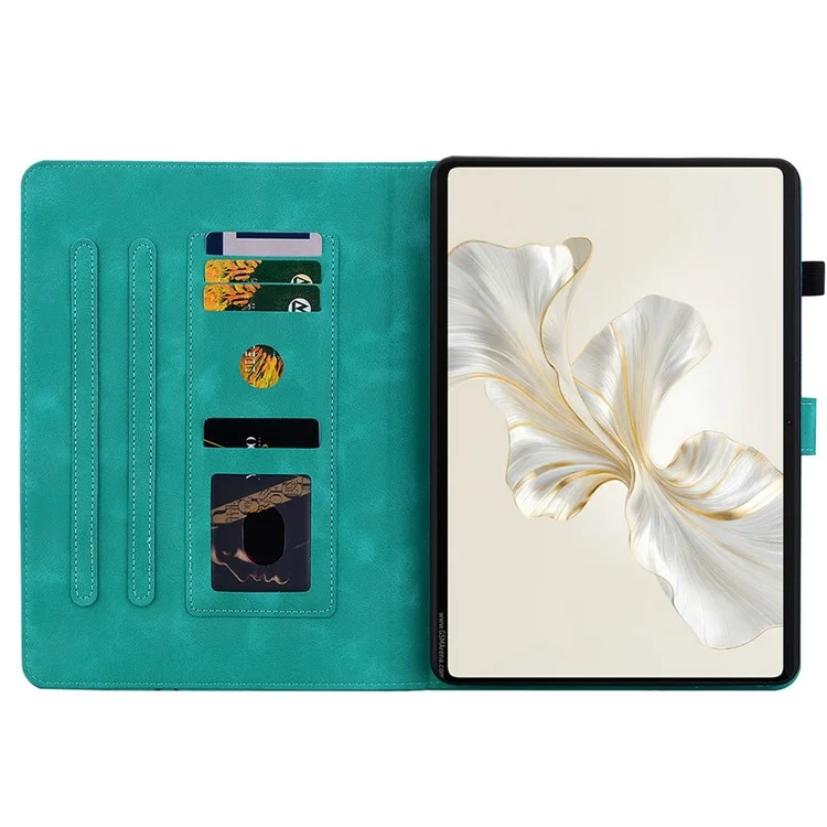 For Honor Pad X9a Case Lily Flower Imprint Card Slots Leather Tablet Cover - Green