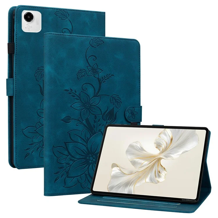 For Honor Pad X9a Case Lily Flower Imprint Card Slots Leather Tablet Cover - Blue