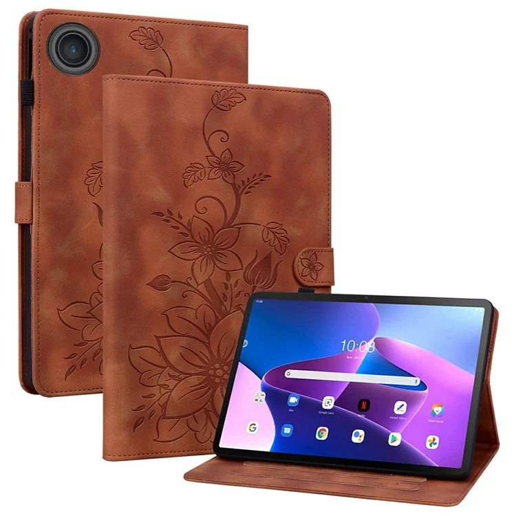 Étui pour Lenovo Tab TB311FU Motif Fleur de Lys avec Emplacements pour Cartes Housse de Tablette en Cuir - Marron