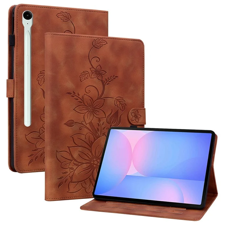 Für Samsung Galaxy Tab S10 FE+ Hülle Lilien-Blumen-Prägung Kartenfächer Leder Tablet Schutzhülle - Braun