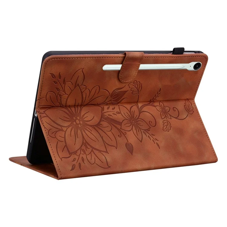 Für Samsung Galaxy Tab S10 FE+ Hülle Lilien-Blumen-Prägung Kartenfächer Leder Tablet Schutzhülle - Braun