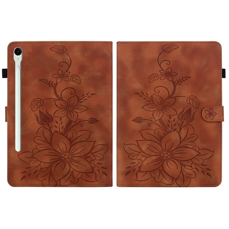 Für Samsung Galaxy Tab S10 FE+ Hülle Lilien-Blumen-Prägung Kartenfächer Leder Tablet Schutzhülle - Braun