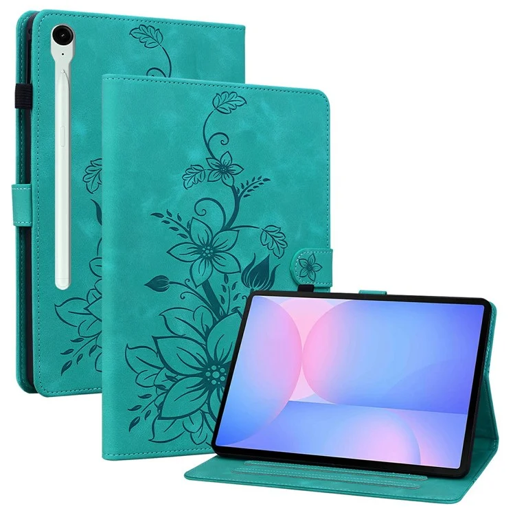 For Samsung Galaxy Tab S10 FE+ Case Lily Flower Imprint Card Slots Leather Tablet Cover - Green