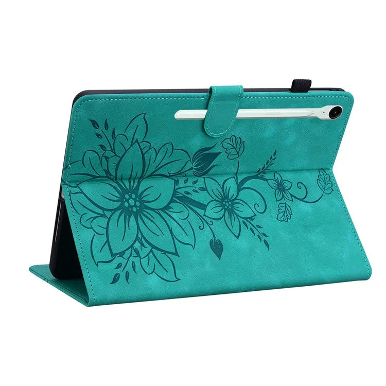 For Samsung Galaxy Tab S10 FE+ Case Lily Flower Imprint Card Slots Leather Tablet Cover - Green