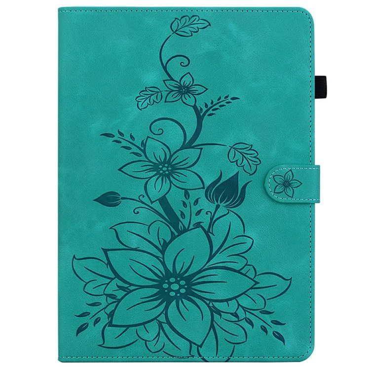 For Samsung Galaxy Tab S10 FE+ Case Lily Flower Imprint Card Slots Leather Tablet Cover - Green