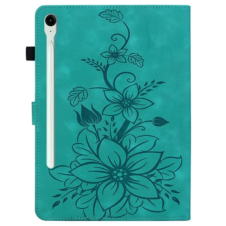 For Samsung Galaxy Tab S10 FE+ Case Lily Flower Imprint Card Slots Leather Tablet Cover - Green