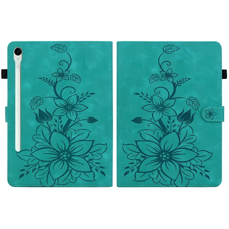 For Samsung Galaxy Tab S10 FE+ Case Lily Flower Imprint Card Slots Leather Tablet Cover - Green