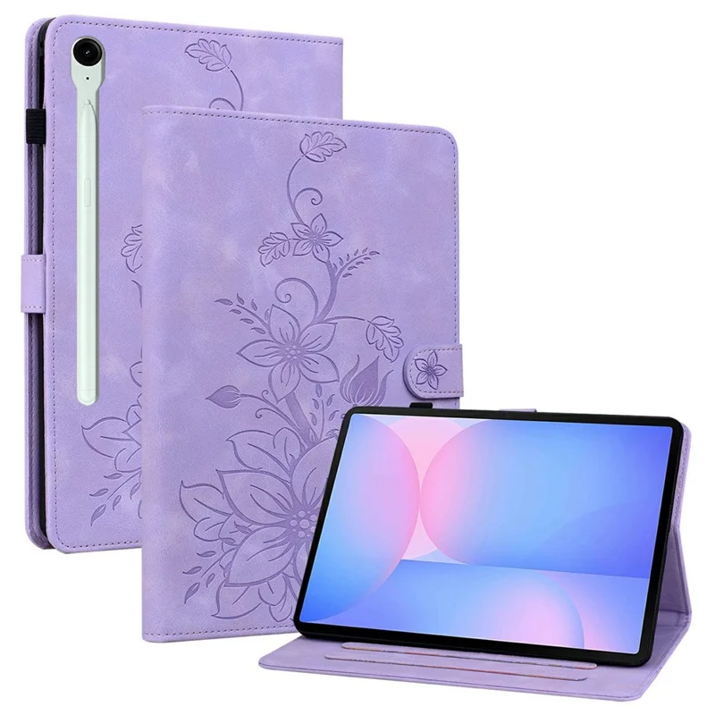 For Samsung Galaxy Tab S10 FE+ Case Lily Flower Imprint Card Slots Leather Tablet Cover - Purple