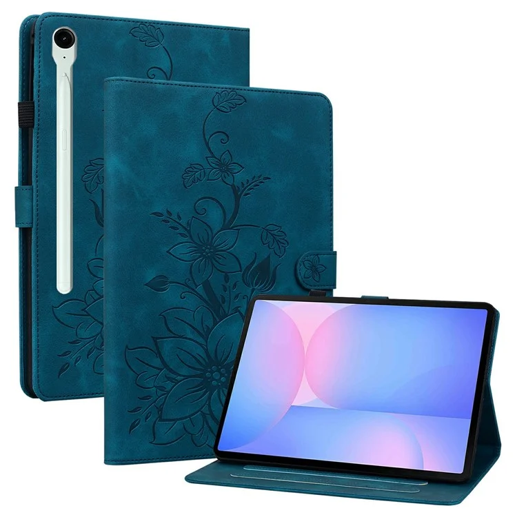 For Samsung Galaxy Tab S10 FE+ Case Lily Flower Imprint Card Slots Leather Tablet Cover - Blue